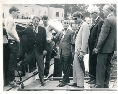 The inaugural ride of the St. Helena II - pictured: [left to right] Dave Richey (crewman), Ralph Regula, Scott Lehmen (crewman), Al Simpson, Caroll Gantz, Ed Harriman, Gervis Brady
