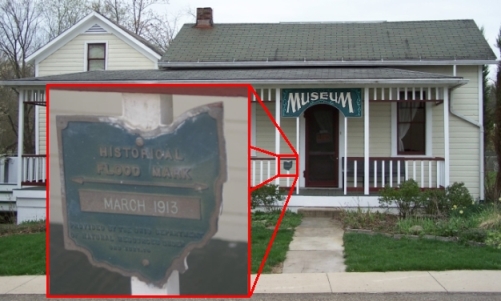 This plaque was mounted on the Museum porch at the entrance to the community park to show the extent of flooding during 1913 - And if standing at our Museum porch imagining flood waters makes you cringe take note of neighboring Clinton's flood plaque on the Limbach building in their downtown